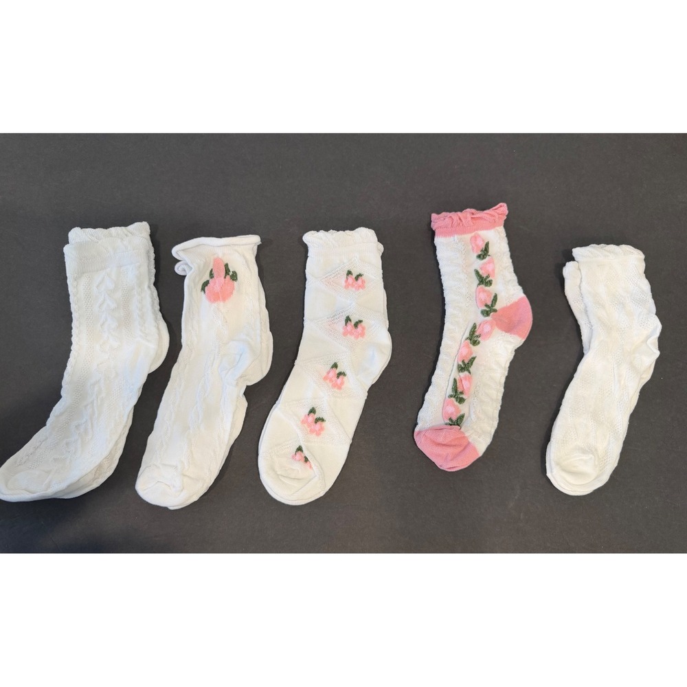 Floral Embroidered Pointelle One Size White Pink  5-Pair Set Crew Socks New